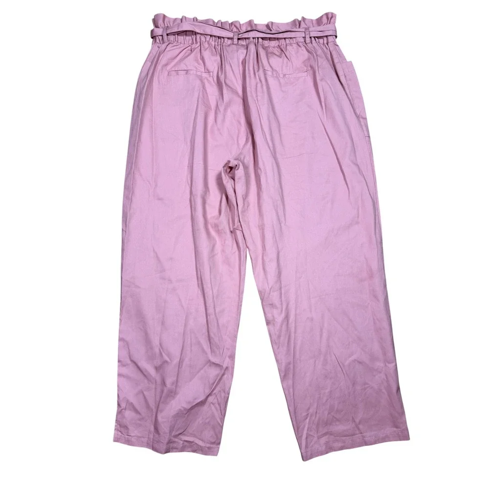 Ashley Stewart Wide Leg Pants Women 20 Pink Paperbag Waist Cotton Tie Belt Slit
